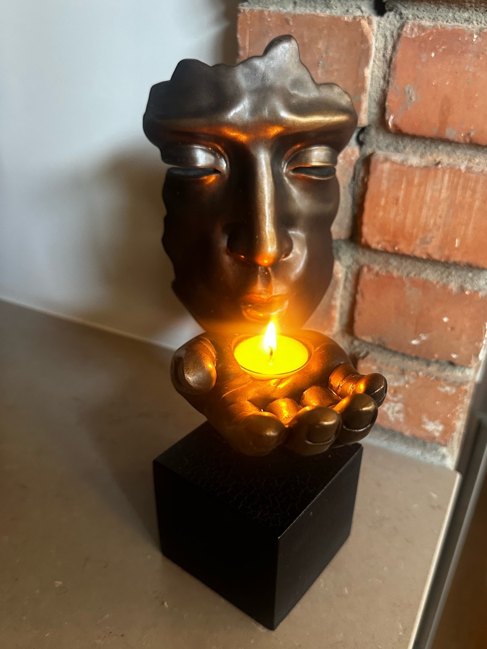 Abstract Face Sculpture Tealight Candle Holder Bronze Black Modern Art Birthday